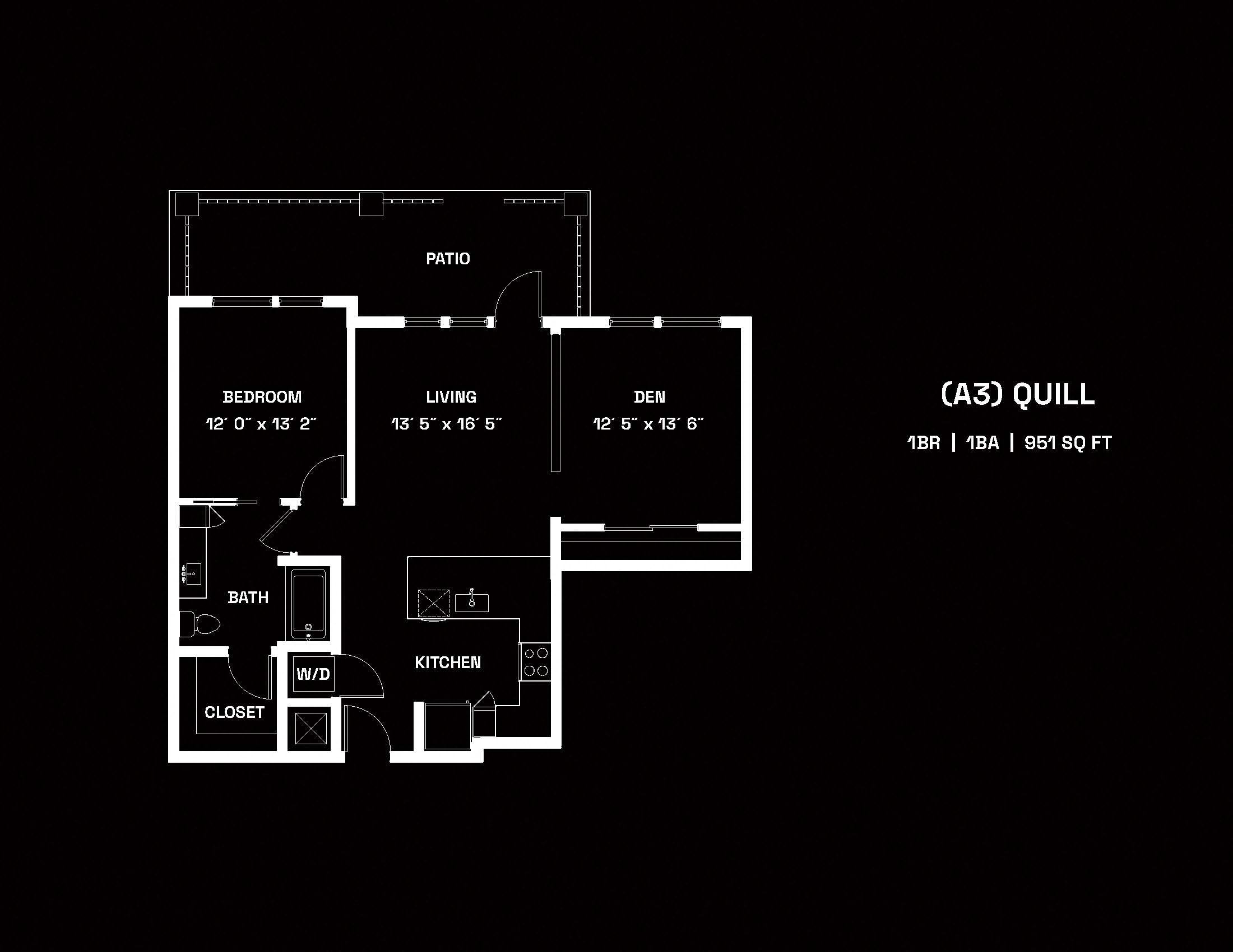 Floor plan for 1 bed, 1 bath, 951 sqft
